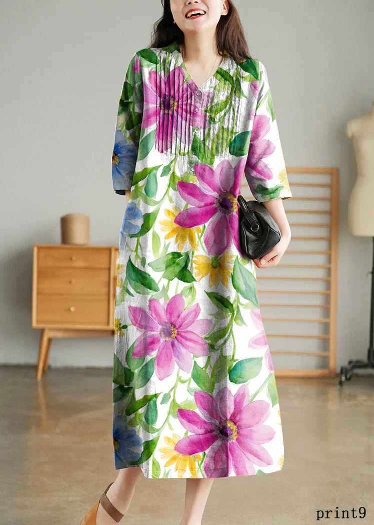 White Print8 Loose Linen Long Dresses Button Solid Half Sleeve - Image 14
