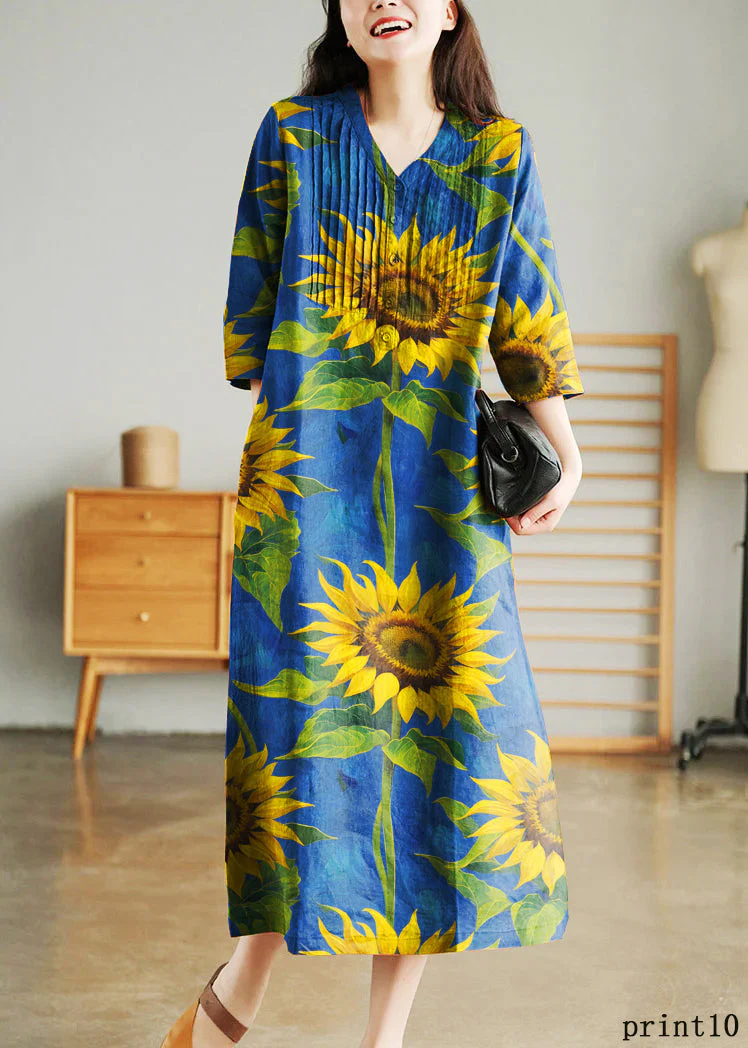 White Print8 Loose Linen Long Dresses Button Solid Half Sleeve - Image 15