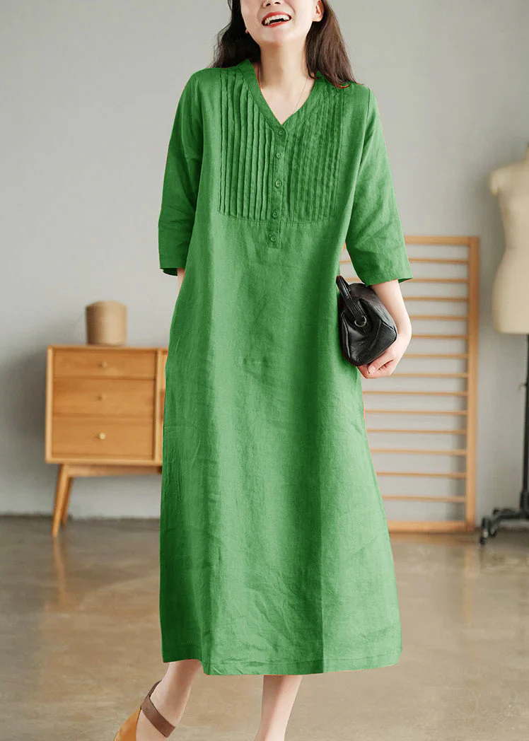 White Print8 Loose Linen Long Dresses Button Solid Half Sleeve - Image 18