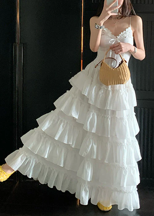White Ruffled Zippered Cotton Spaghetti Strap Dress V Neck Summer - Image 3