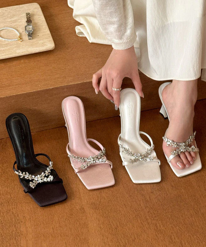 White Satin Zircon Splicing High Heel Slide Sandals Peep Toe - Image 5