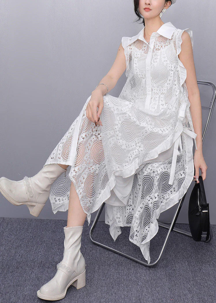 White Side Open Tie Waist Long Dress Sleeveless - Image 2
