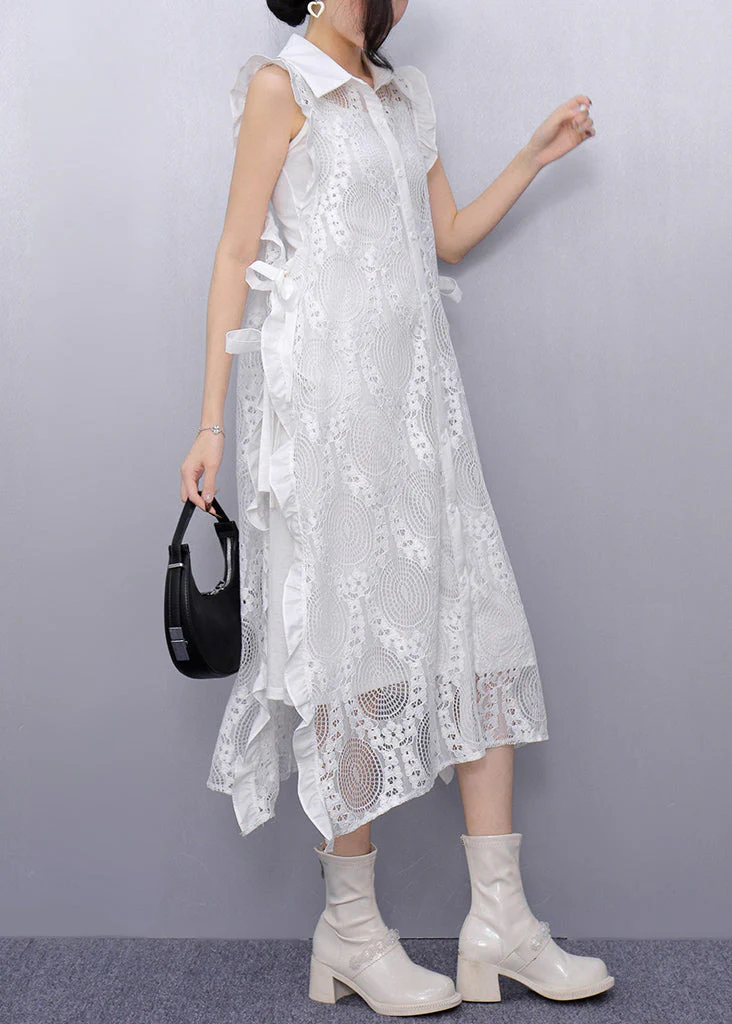 White Side Open Tie Waist Long Dress Sleeveless - Image 3