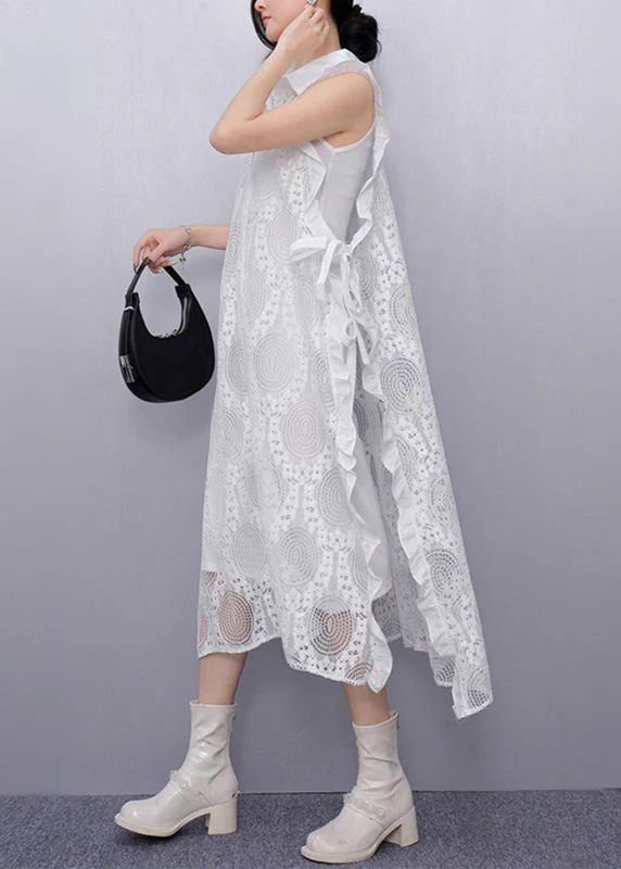 White Side Open Tie Waist Long Dress Sleeveless - Image 4