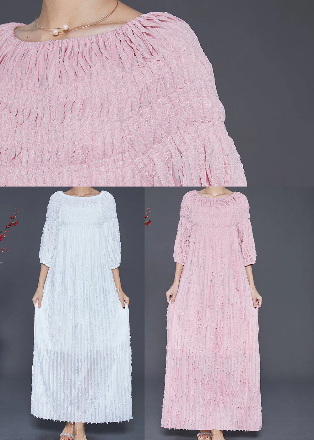 White Silm Fit Beach Dress Slash Neck Wrinkled Fall - Image 5