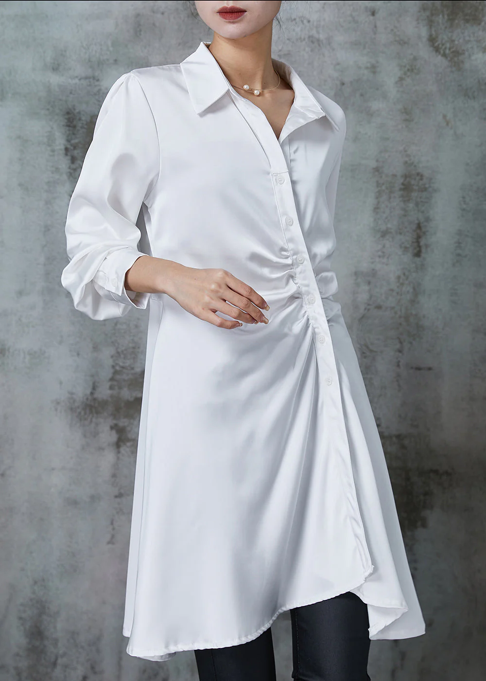 White Silm Fit Chiffon Dress Asymmetrical Wrinkled Spring - Image 2