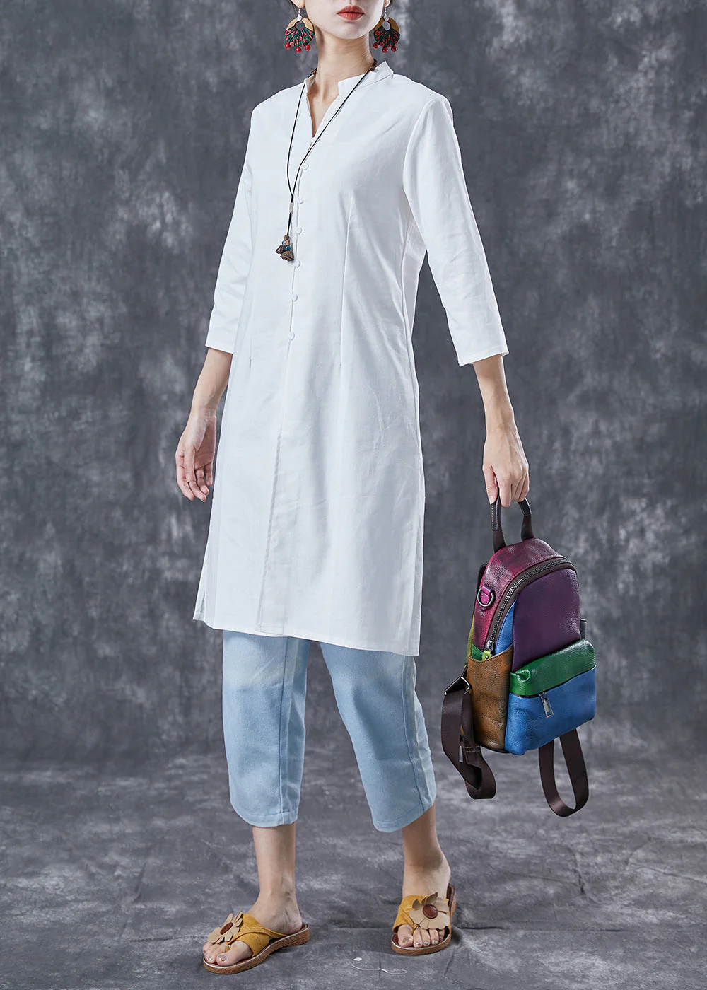 White Slim Fit Cotton Shirt Dress Stand Collar Side Open Bracelet Sleeve - Image 2