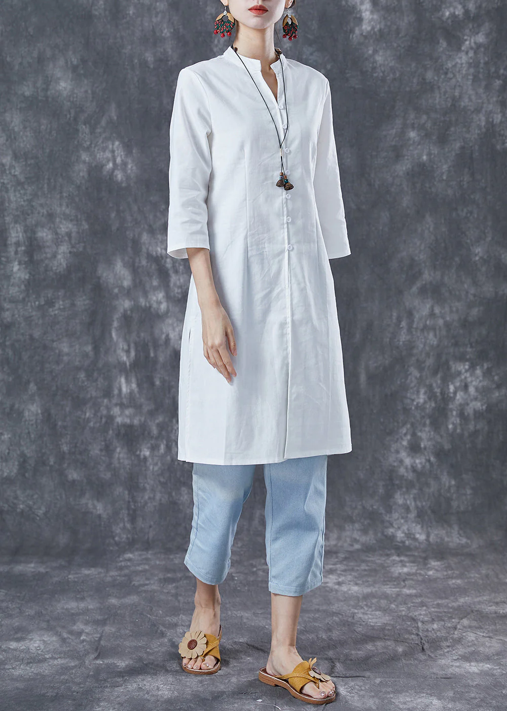 White Slim Fit Cotton Shirt Dress Stand Collar Side Open Bracelet Sleeve - Image 3
