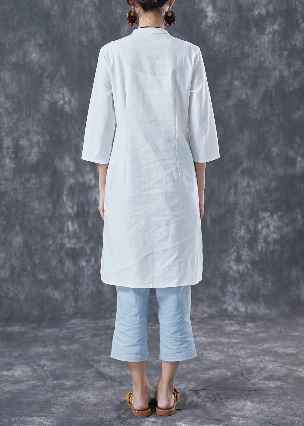 White Slim Fit Cotton Shirt Dress Stand Collar Side Open Bracelet Sleeve - Image 4