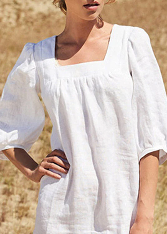White Square Collar Mid Dress Lantern Sleeve - Image 2