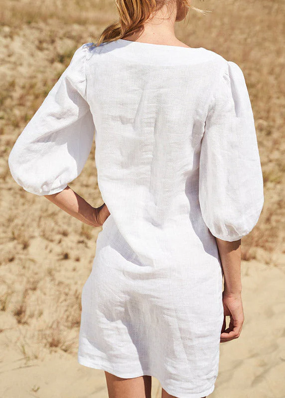 White Square Collar Mid Dress Lantern Sleeve - Image 3