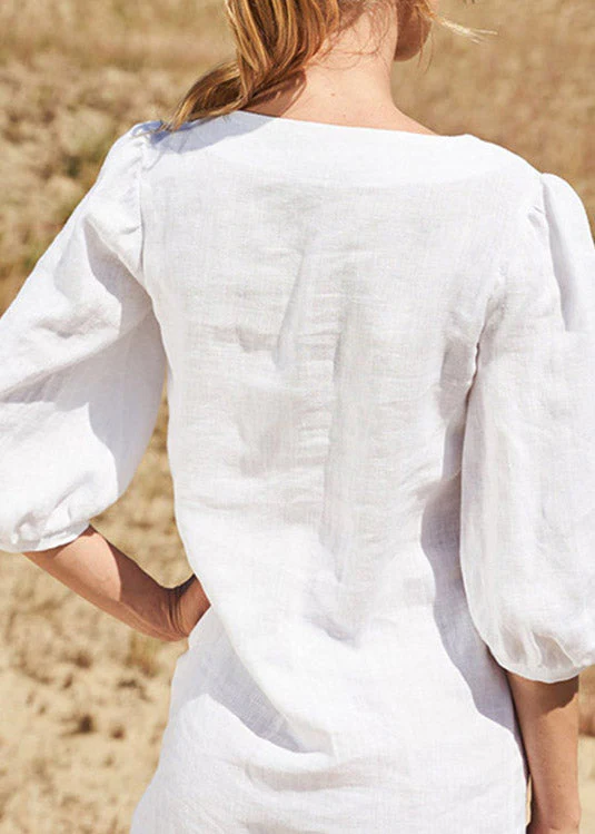 White Square Collar Mid Dress Lantern Sleeve - Image 4