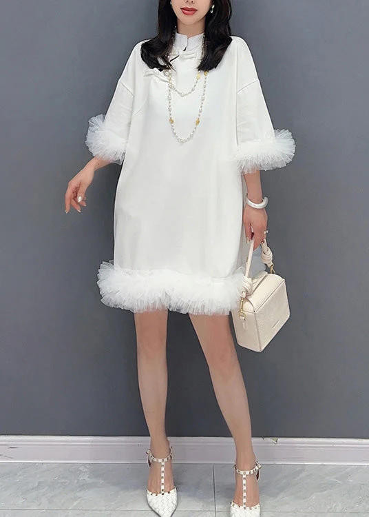 White Stand Collar Button Solid Mid Dress Half Sleeve - Image 3