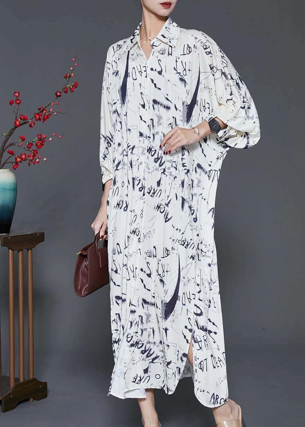 White Tie Dye Cotton Shirt Dresses Side Open Spring - Image 2