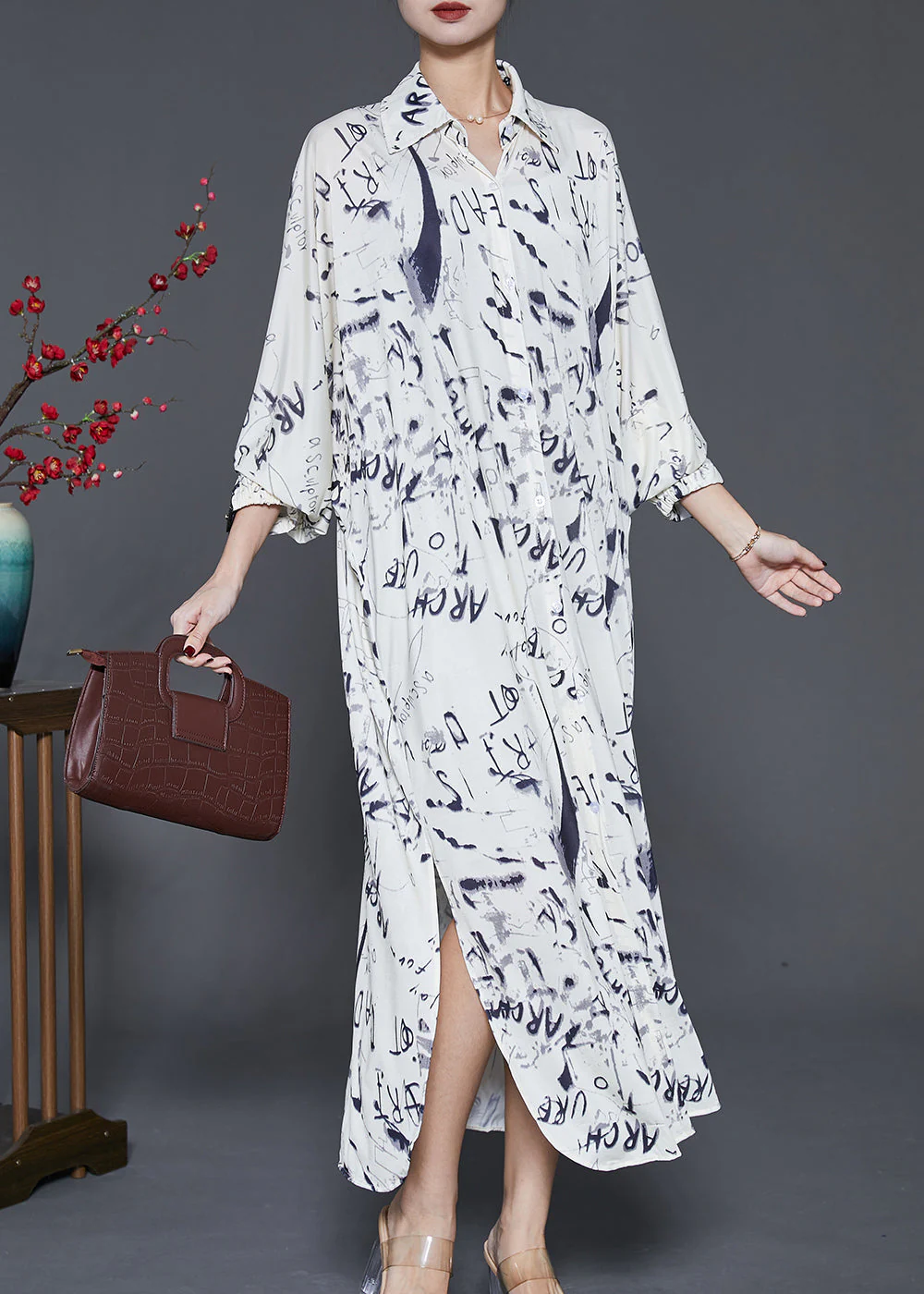 White Tie Dye Cotton Shirt Dresses Side Open Spring - Image 3