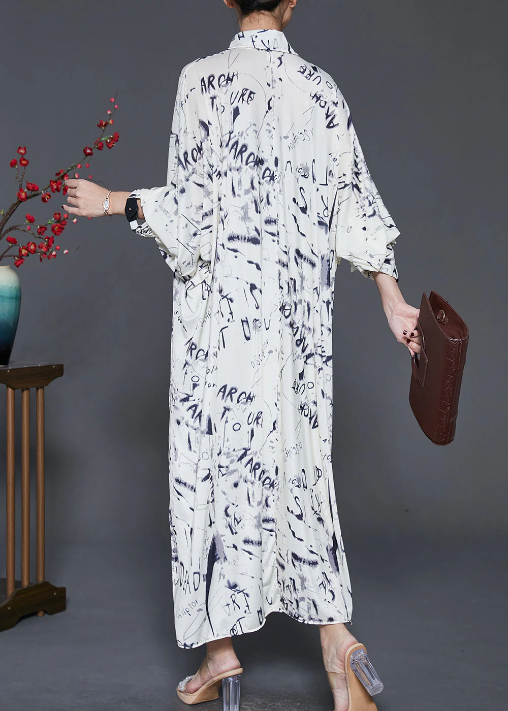 White Tie Dye Cotton Shirt Dresses Side Open Spring - Image 4