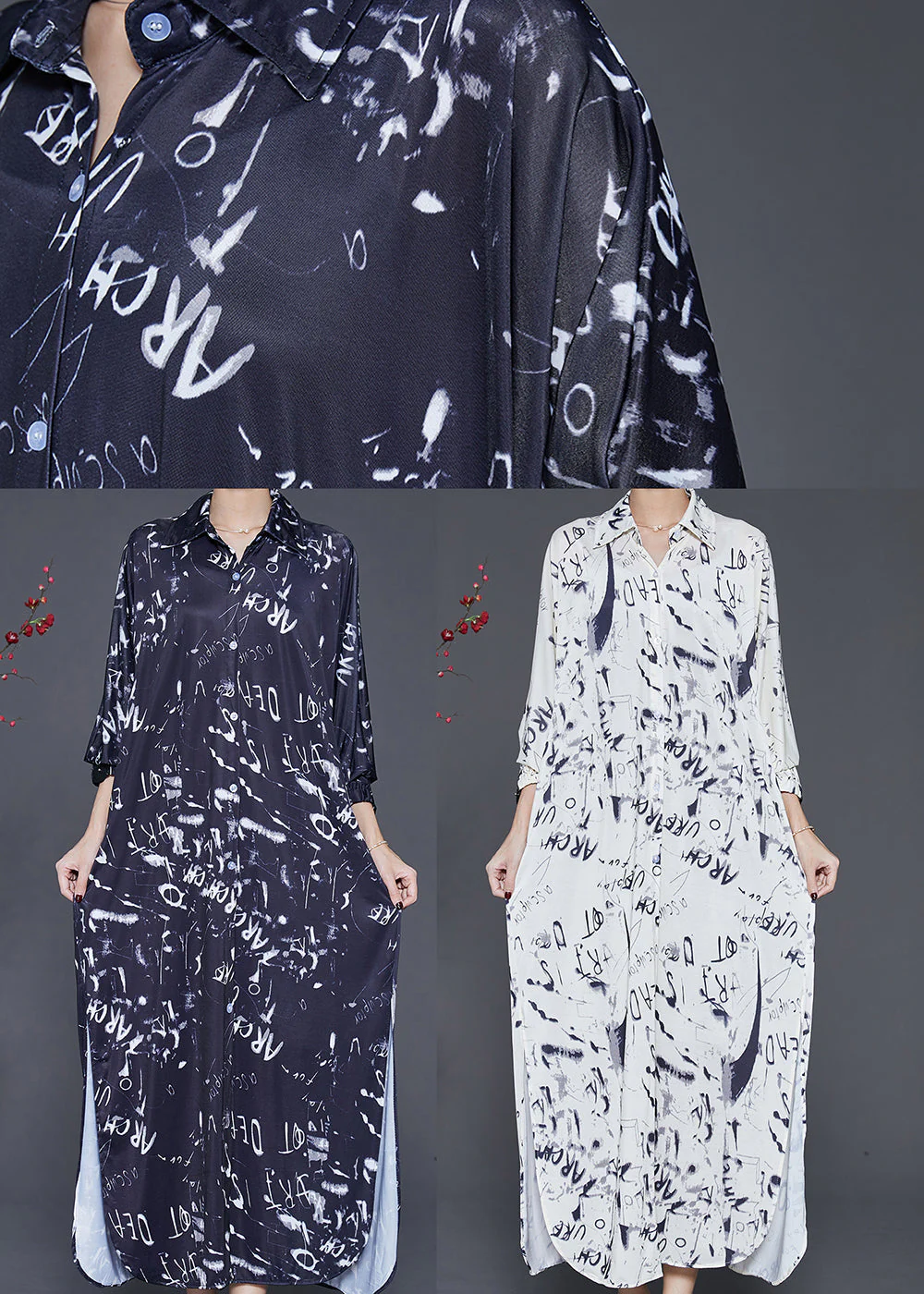 White Tie Dye Cotton Shirt Dresses Side Open Spring - Image 5