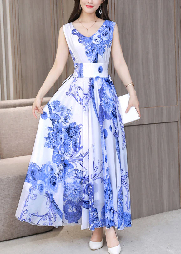 White Tie Waist Slim Chiffon Maxi Dress Sleeveless - Image 2