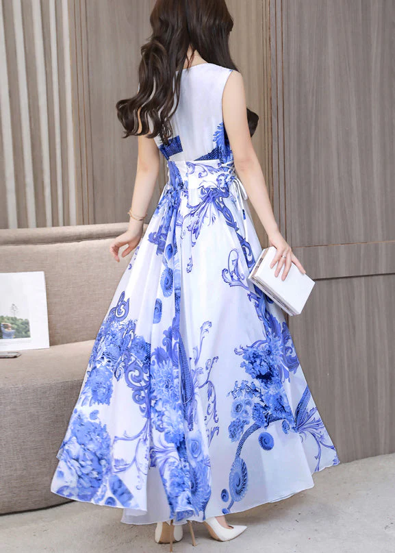 White Tie Waist Slim Chiffon Maxi Dress Sleeveless - Image 4