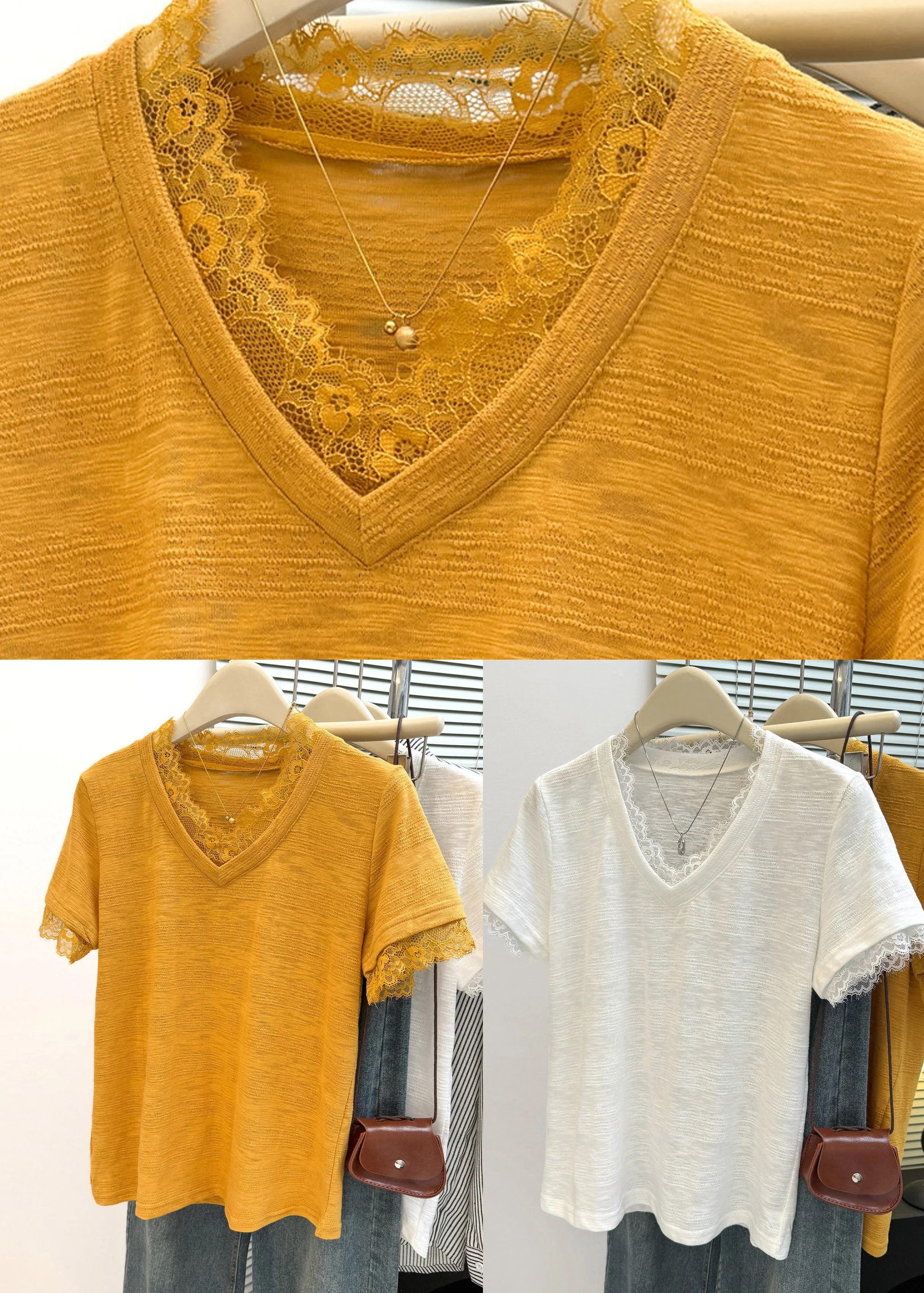 White V Neck Solid Top Short Sleeve - Image 5
