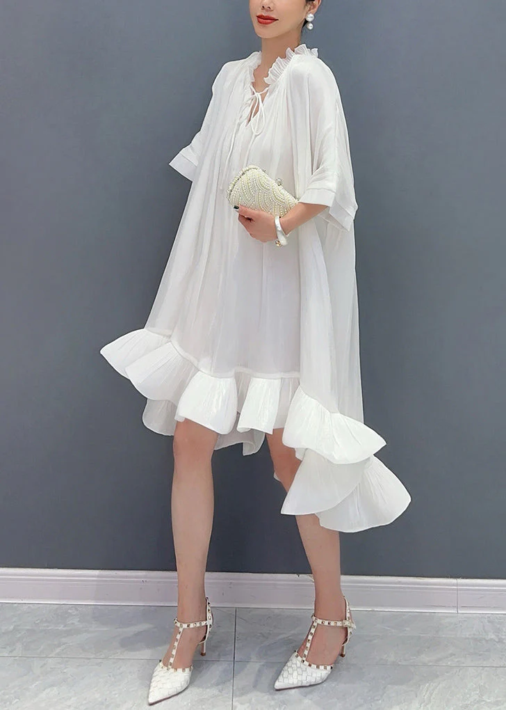 White V Neck Tie Solid Lace Asymmetrical Short Dress - Image 2