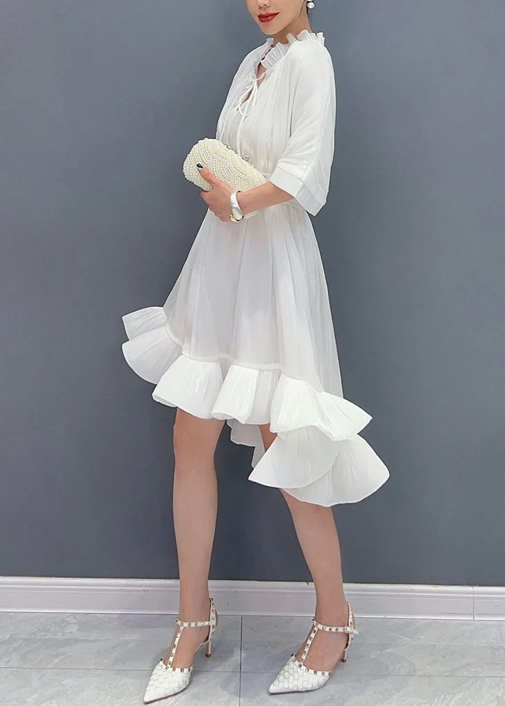 White V Neck Tie Solid Lace Asymmetrical Short Dress - Image 3