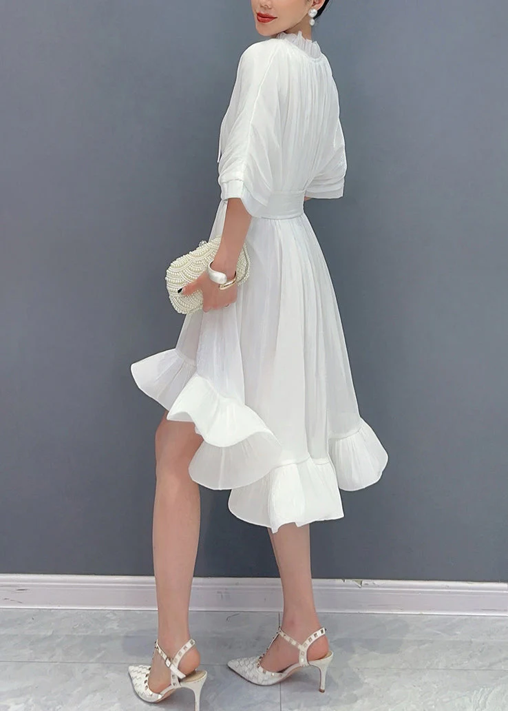 White V Neck Tie Solid Lace Asymmetrical Short Dress - Image 4