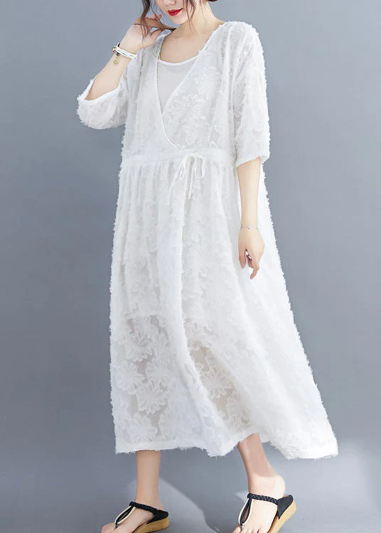 White Women Extra large hem Long Dress Two Pieces Sets Cinched Half Sleeve - Image 2