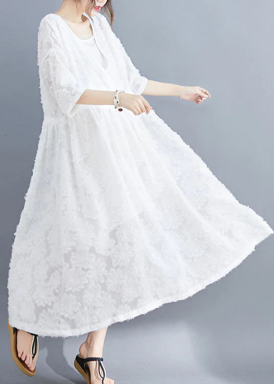 White Women Extra large hem Long Dress Two Pieces Sets Cinched Half Sleeve - Image 3