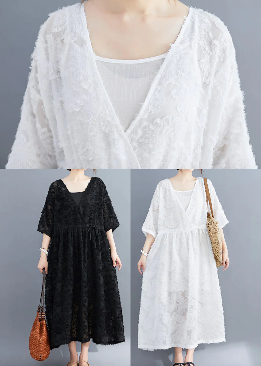 White Women Extra large hem Long Dress Two Pieces Sets Cinched Half Sleeve - Image 5