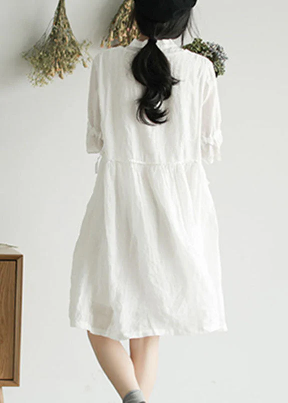 White Wrinkled Button Solid Ramie Mid Dress Half Sleeve - Image 4