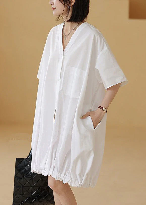 White Wrinkled Pockets Cotton Blouses Mid Dress V Neck Summer - Image 3