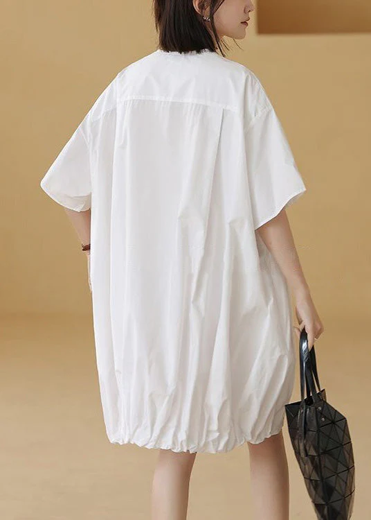 White Wrinkled Pockets Cotton Blouses Mid Dress V Neck Summer - Image 4