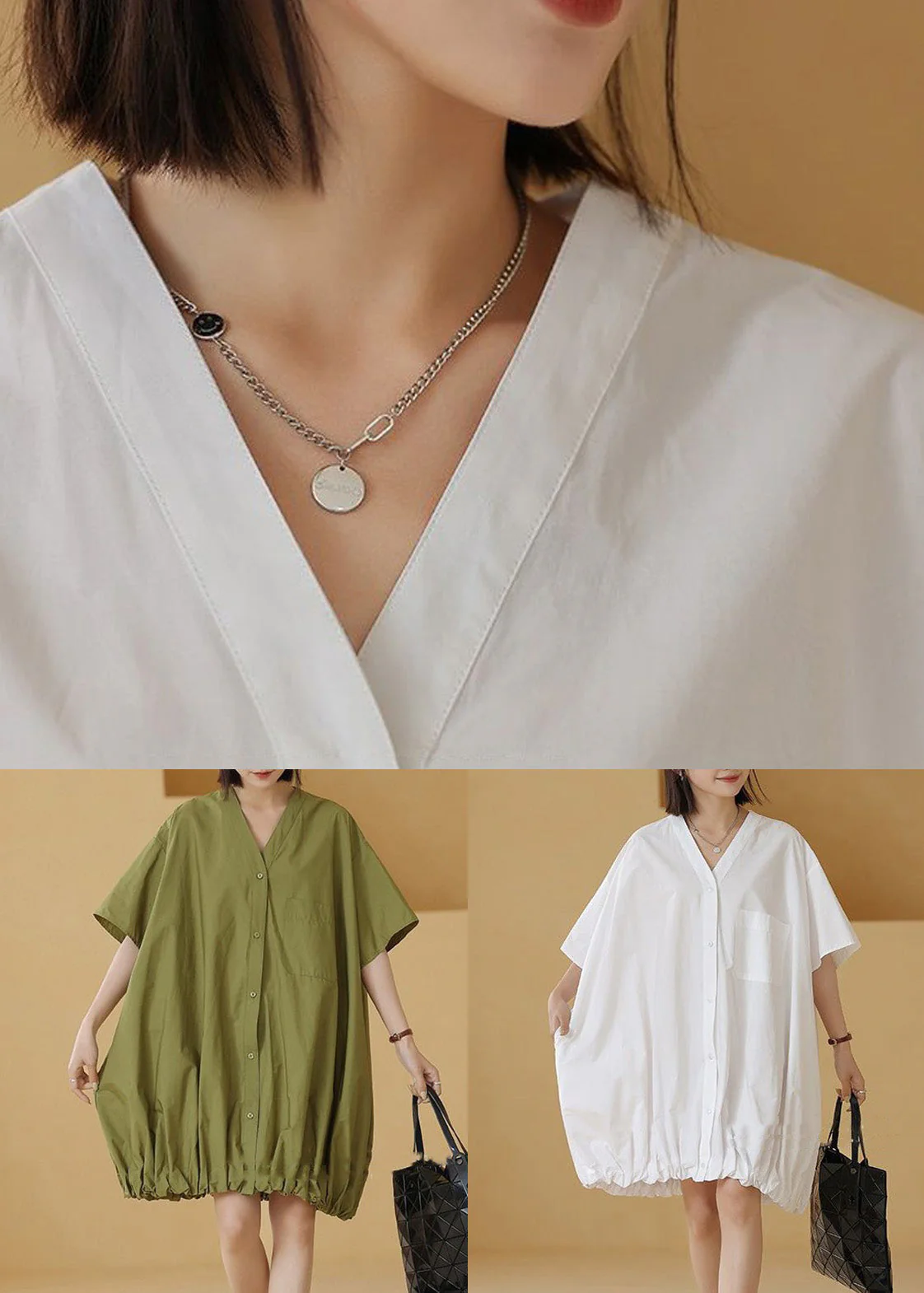 White Wrinkled Pockets Cotton Blouses Mid Dress V Neck Summer - Image 5