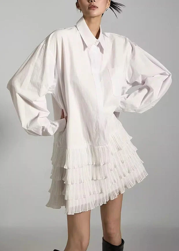 White Wrinkled Pockets Patchwork Cotton Dress Peter Pan Collar - Image 2