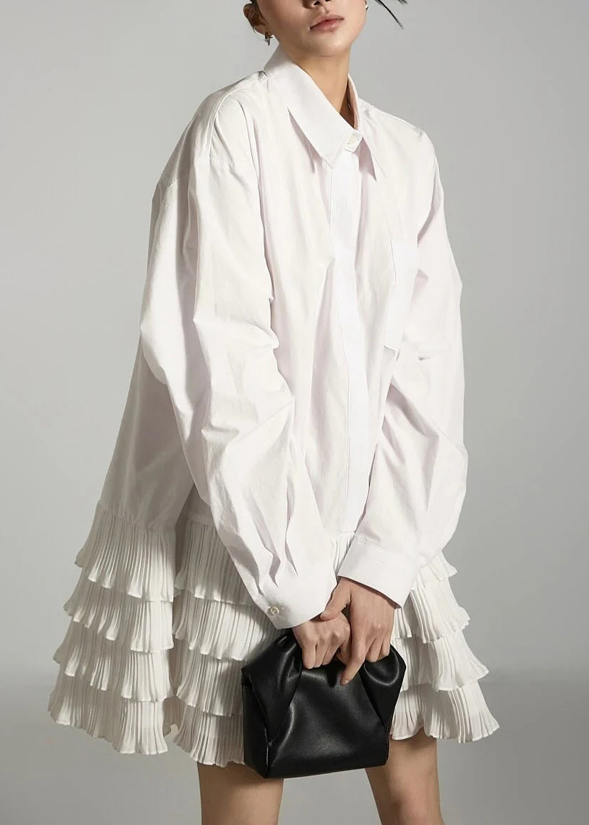 White Wrinkled Pockets Patchwork Cotton Dress Peter Pan Collar - Image 3