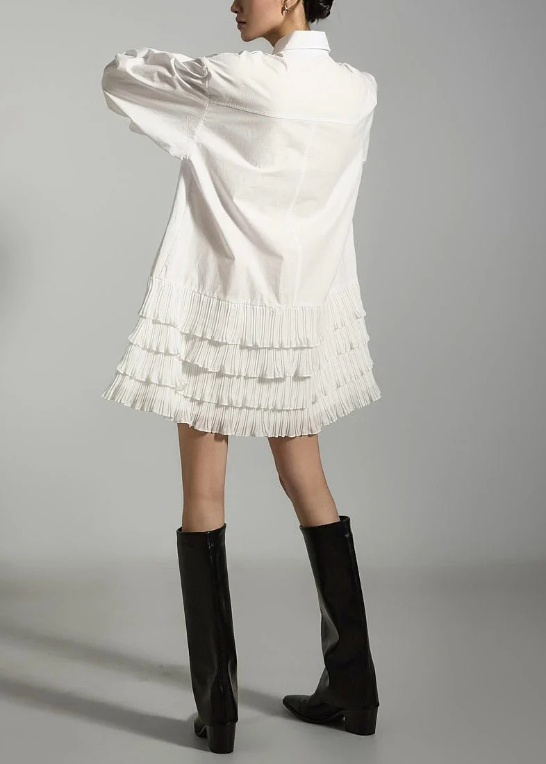 White Wrinkled Pockets Patchwork Cotton Dress Peter Pan Collar - Image 4