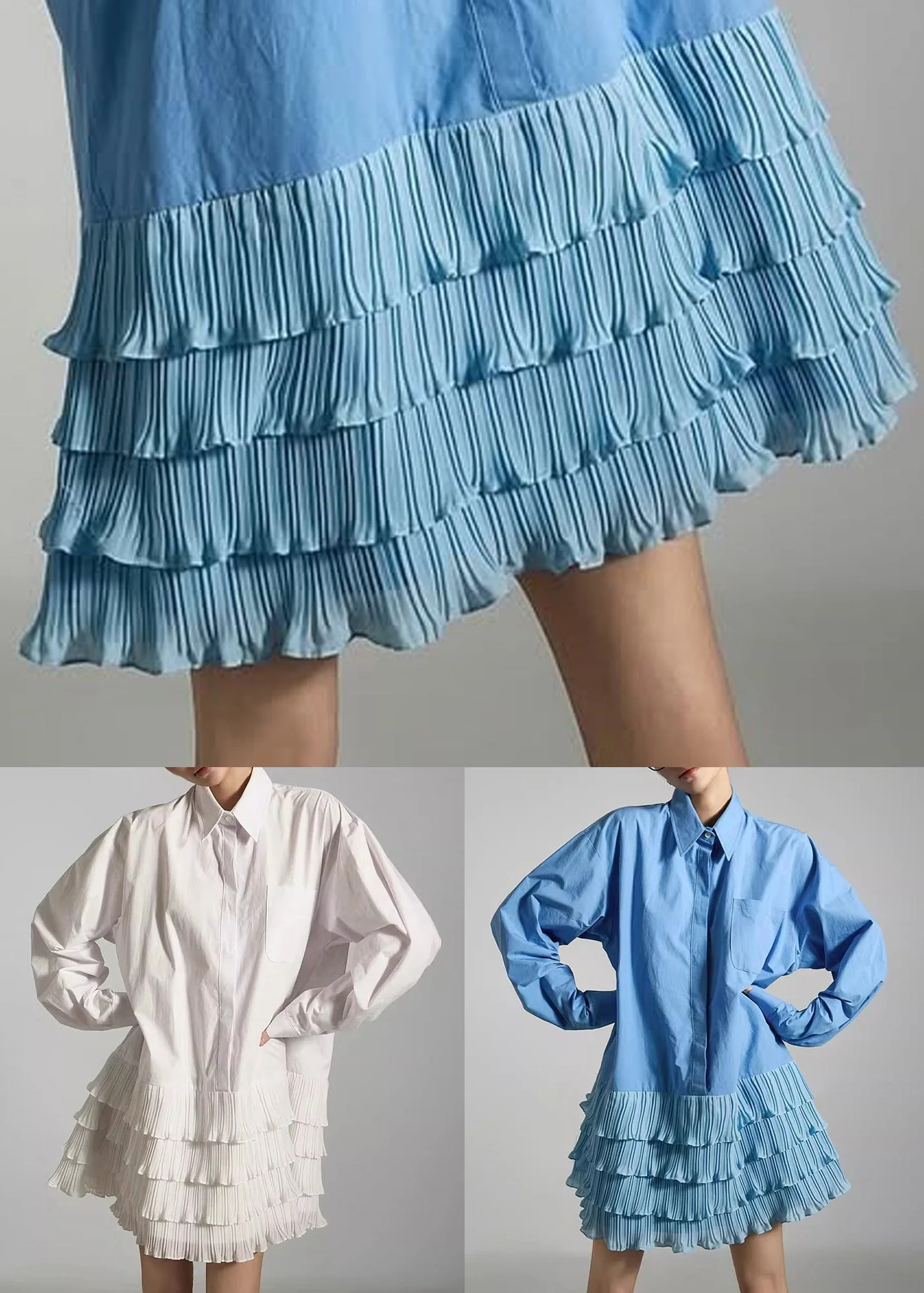 White Wrinkled Pockets Patchwork Cotton Dress Peter Pan Collar - Image 5