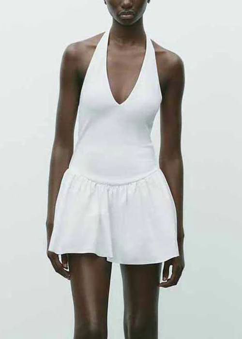 White Wrinkled Solid Cotton Mini Dress Backless Summer - Image 2