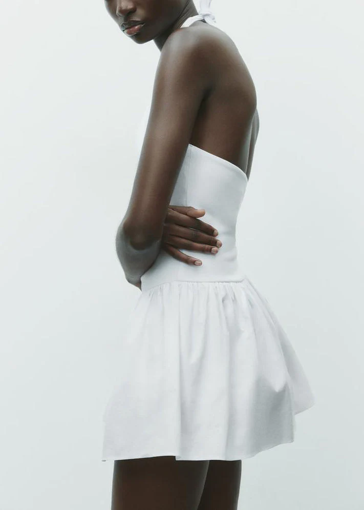 White Wrinkled Solid Cotton Mini Dress Backless Summer - Image 3