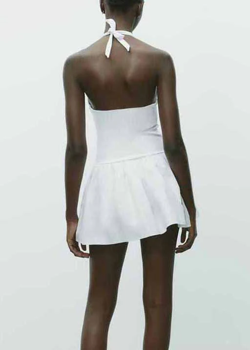 White Wrinkled Solid Cotton Mini Dress Backless Summer - Image 4