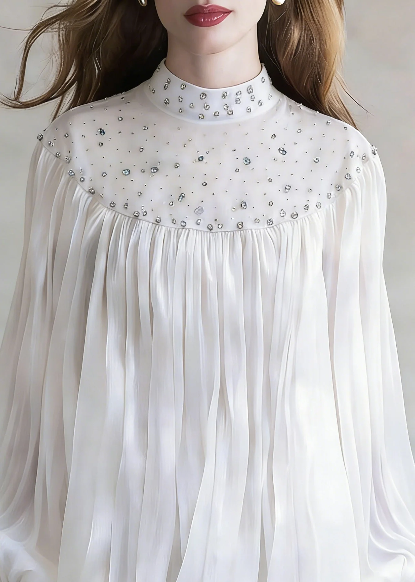 White Zircon Wrinkled Shirt Stand Collar Spring - Image 2