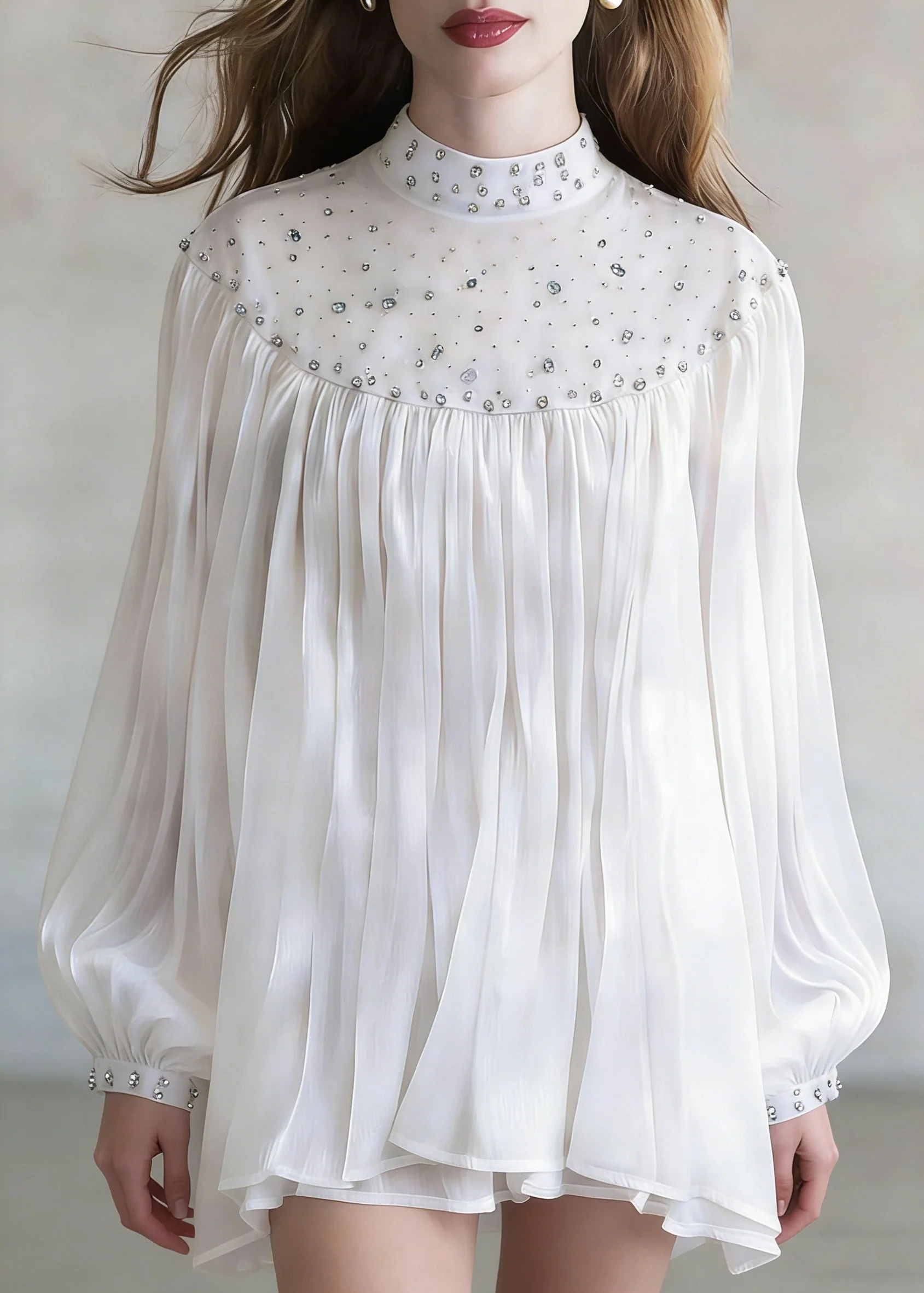 White Zircon Wrinkled Shirt Stand Collar Spring - Image 5