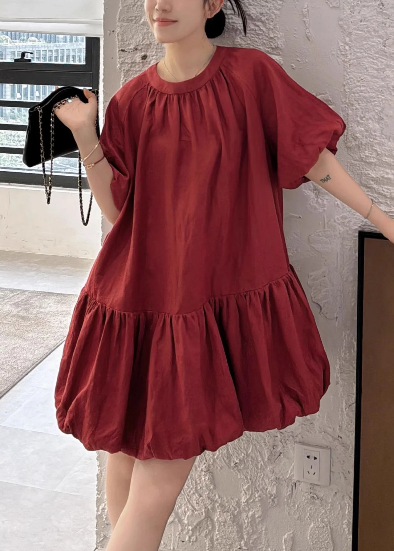 Wine Red Back Button Solid Linen Dresses O Neck Puff Sleeve - Image 2