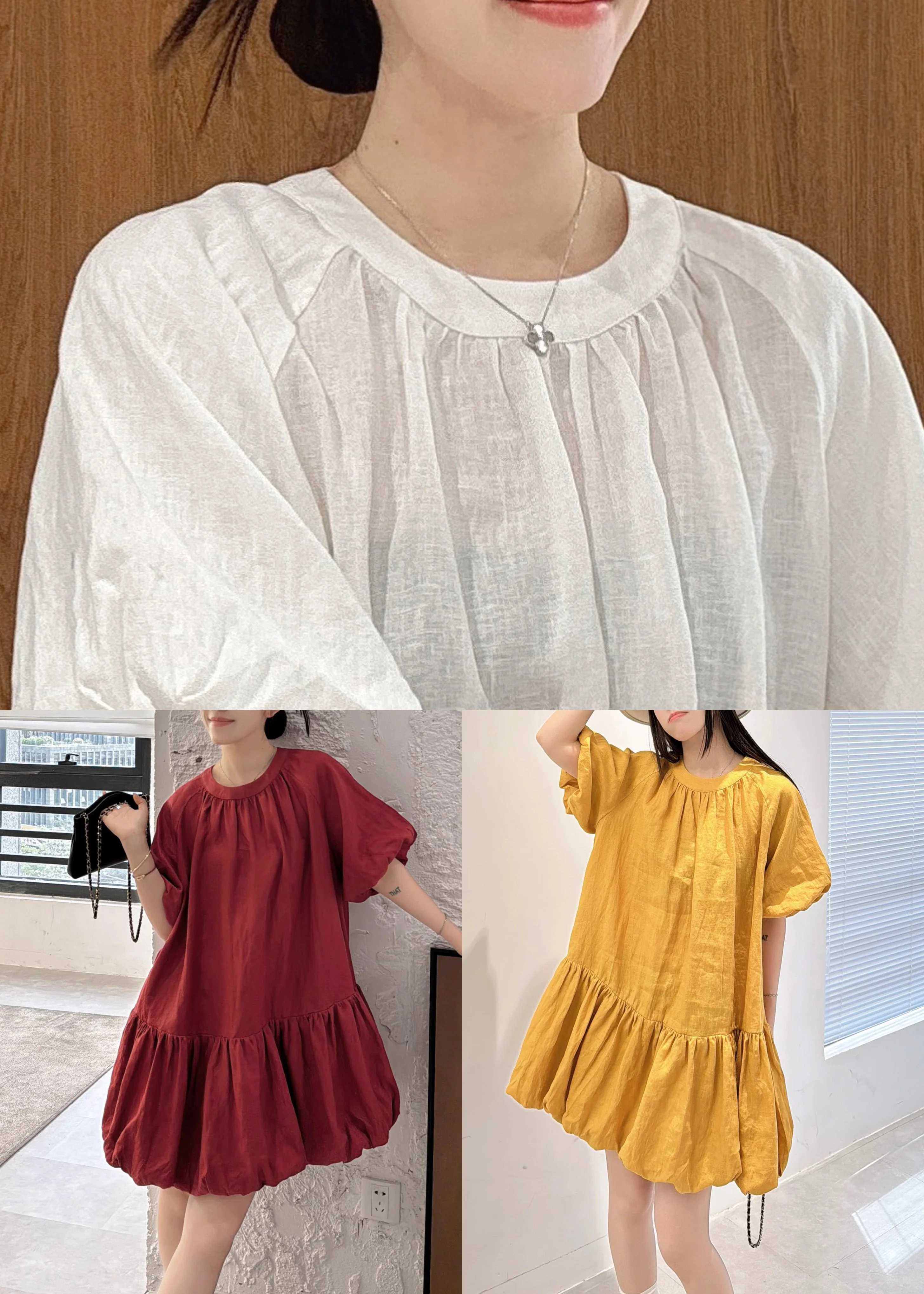 Wine Red Back Button Solid Linen Dresses O Neck Puff Sleeve - Image 5