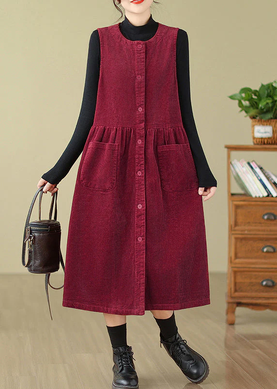 Wine Red Pockets Patchwork Corduroy Long Dresses O Neck Fall - Image 2
