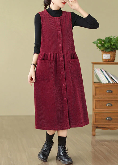 Wine Red Pockets Patchwork Corduroy Long Dresses O Neck Fall - Image 3