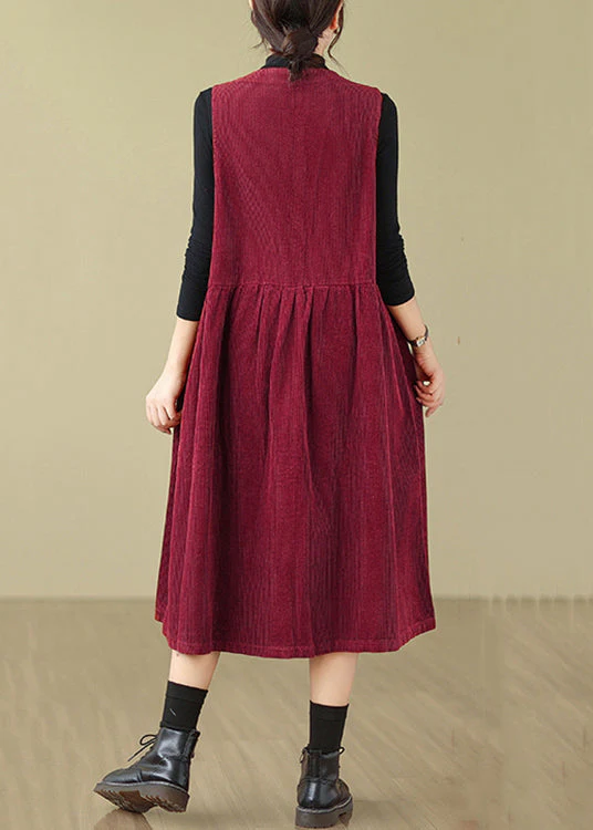 Wine Red Pockets Patchwork Corduroy Long Dresses O Neck Fall - Image 4