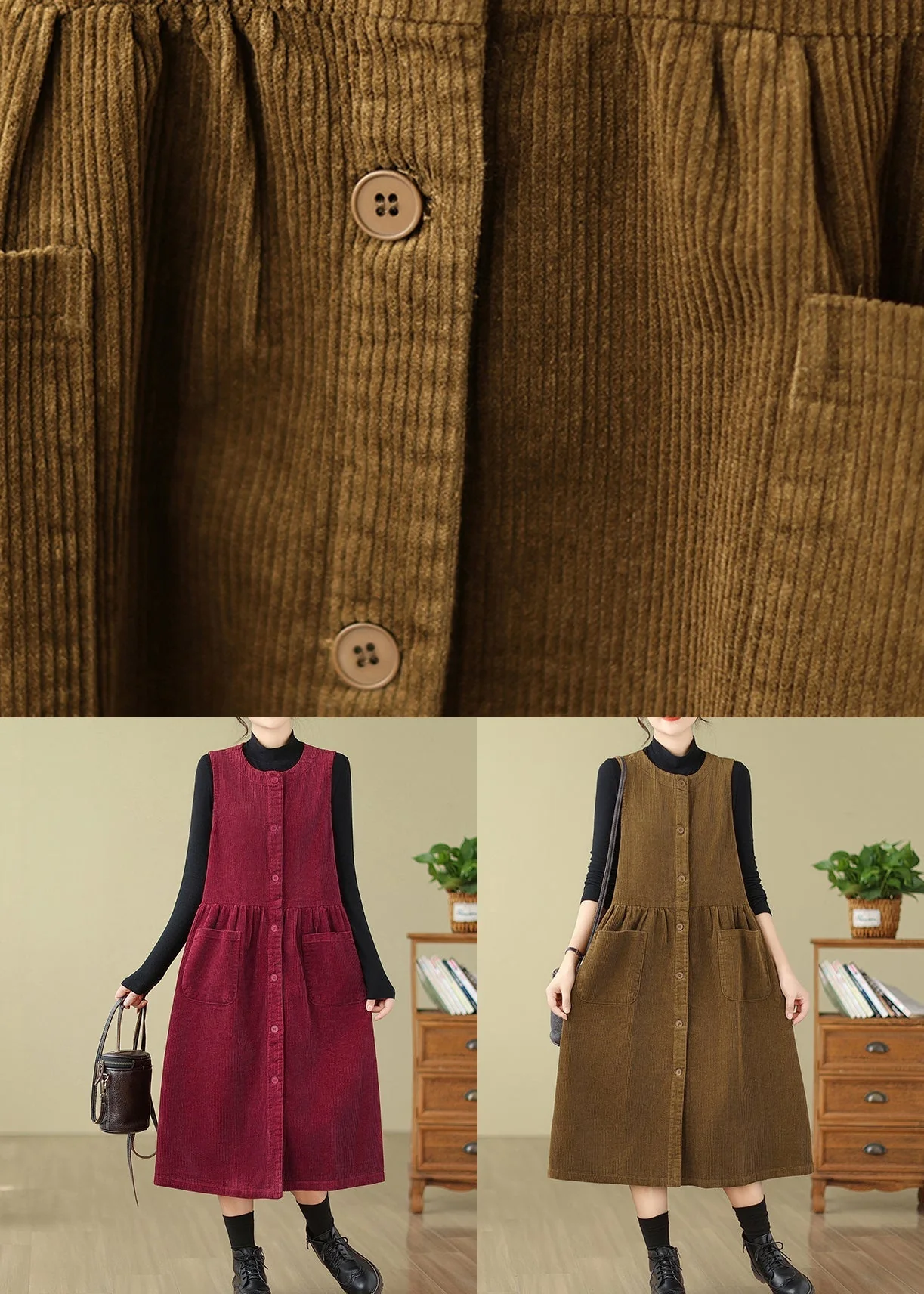 Wine Red Pockets Patchwork Corduroy Long Dresses O Neck Fall - Image 5