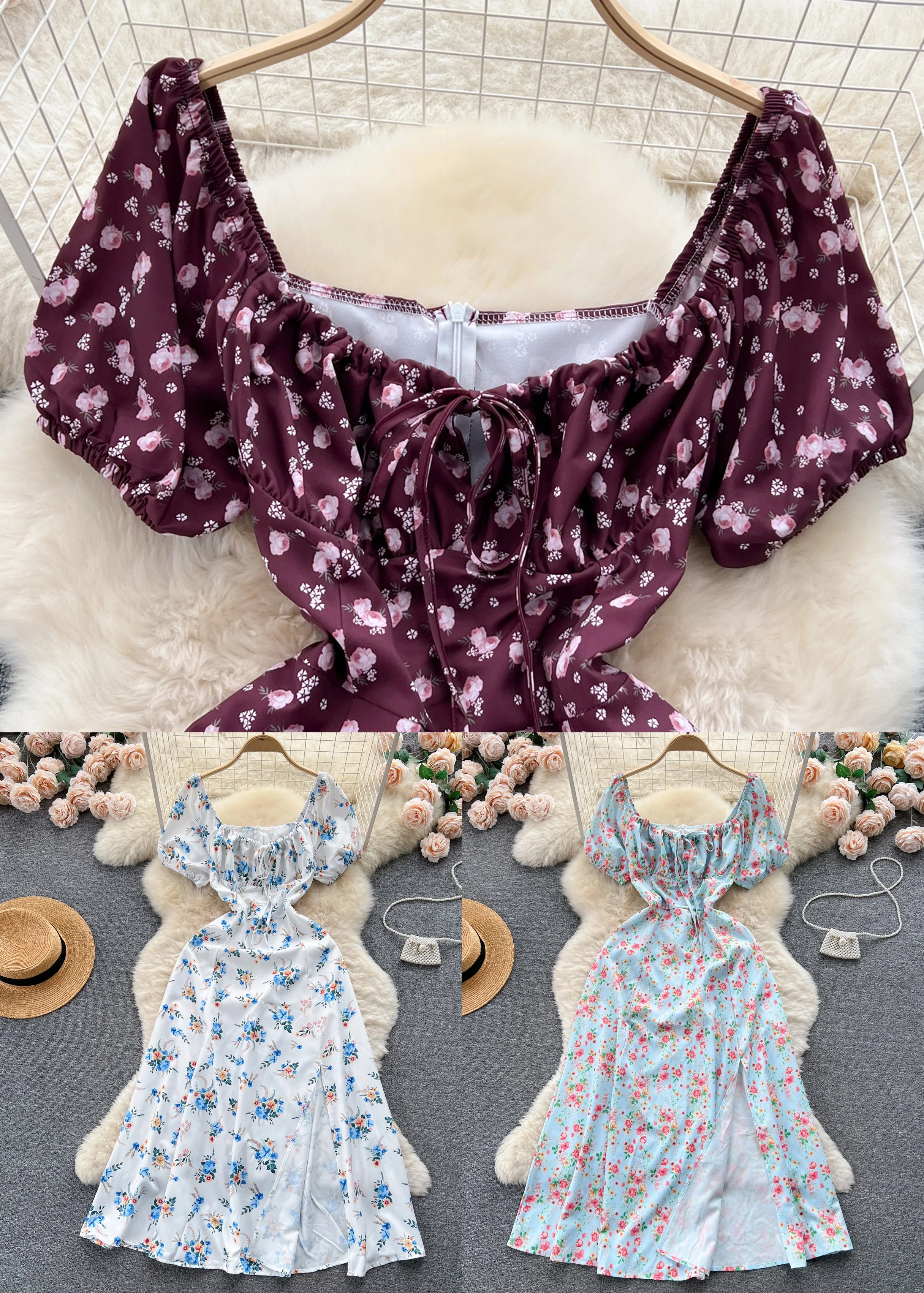 Wine Red Print Cotton Long Dresses Square Collar Short Sleeve - Image 5